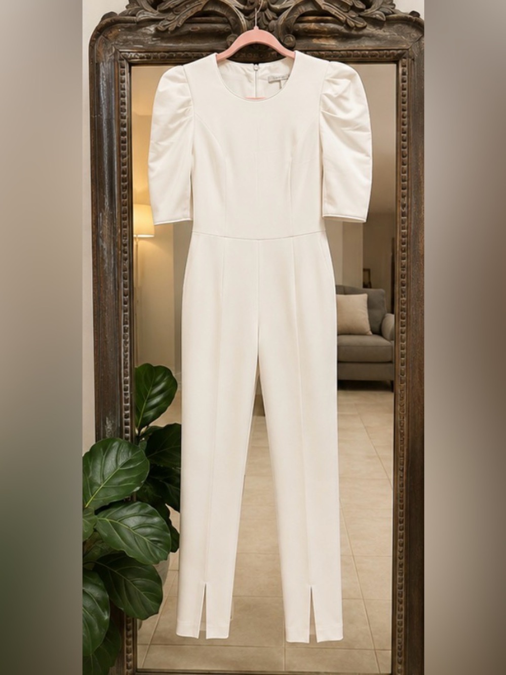 Black Halo white Puff Sleeve Jumpsuit – Size 4